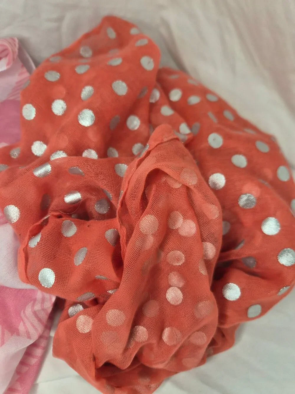 Set of 2 Fashion Scarves Coral Polka Dot & Pink Plaid Lightweight Accessories